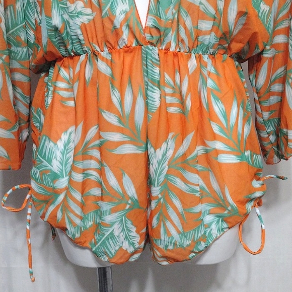 Sheer Tropical Cover Up Romper Plunge V Neck Cinched Waist Beach Resort XL - Picture 7 of 14